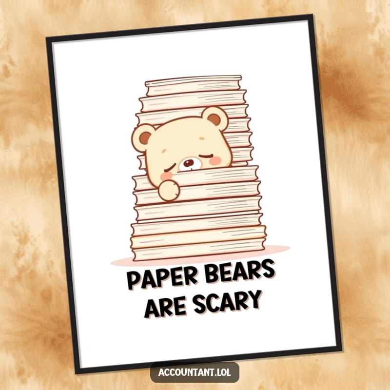 Funny Digital Art Print of a sleepy bear cub hiding behind papers, a humorous printable.