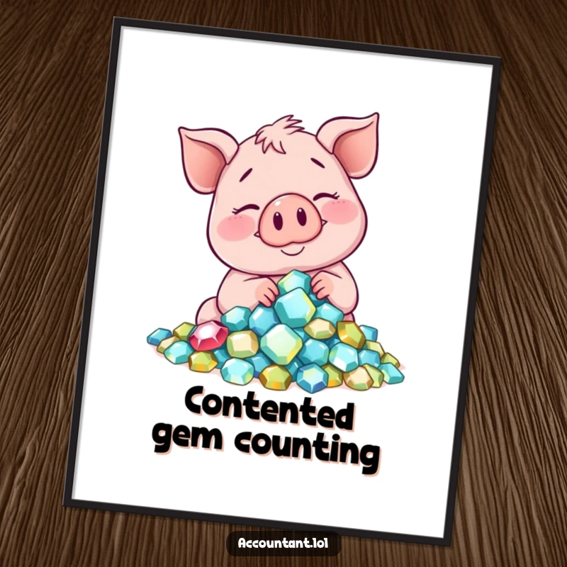 Funny smiling pig counting sparkling gems, a humorous digital art print for glamorous decor.