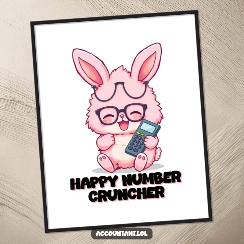 Funny pink fluffy bunny wearing glasses, giggling happily with calculator, available as an instant download art print.
