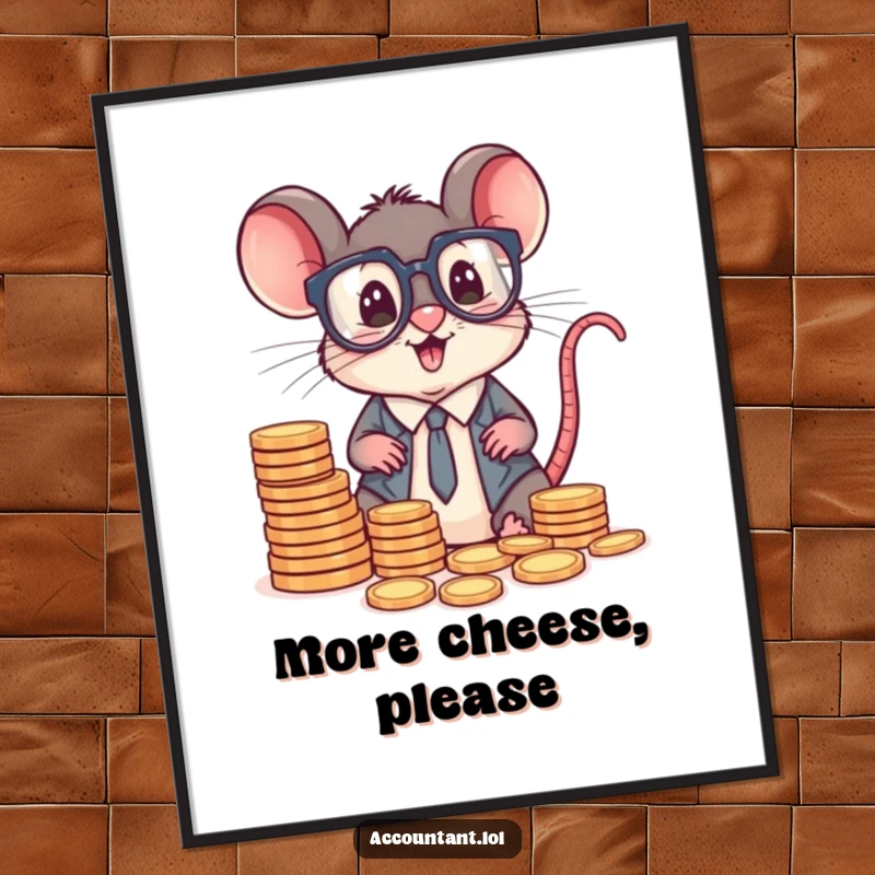 Funny small mouse accountant with large spectacles, joyfully sorting tiny stacks of coins, digital art.