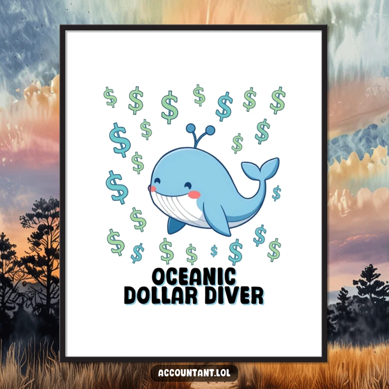 Funny smiling blue whale swimming through a sea of floating dollar signs, available as an instant download art print.
