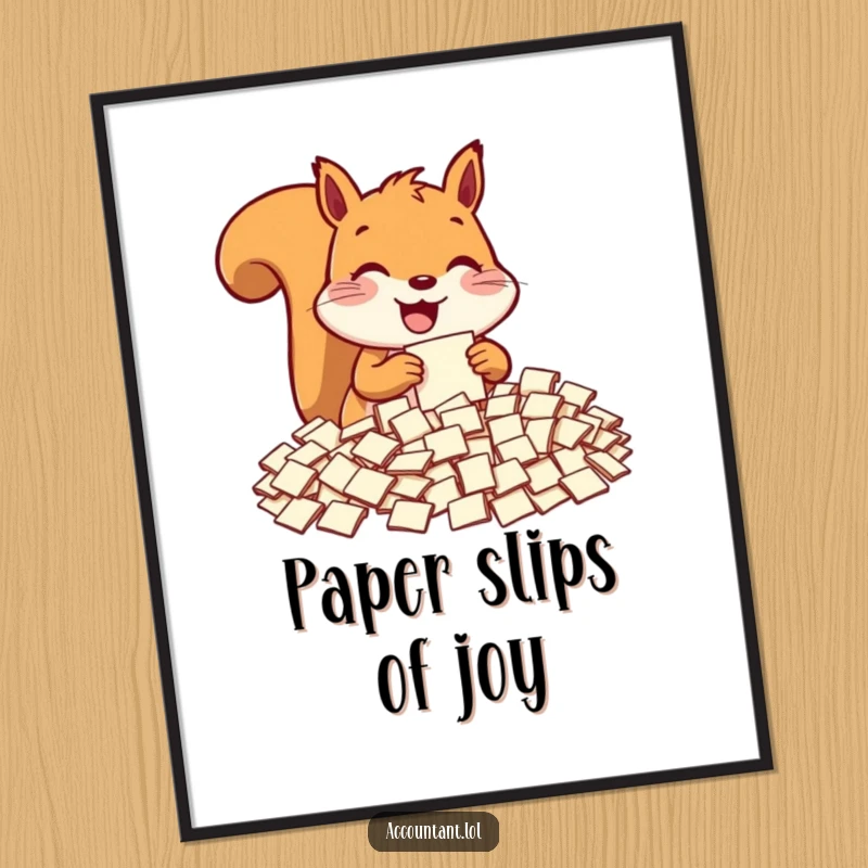 Funny squirrel digital art print, a delighted squirrel sorting tiny paper slips, instant download whimsical decor.