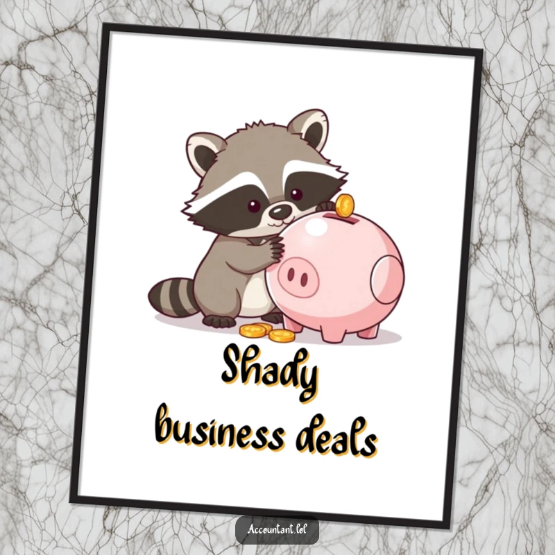 Funny digital art print of a raccoon trying to get coins from a piggy bank, offering instant humorous decor.