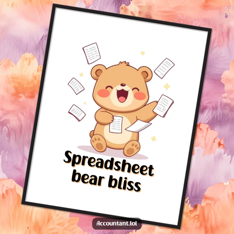 Funny Bear Analyst Digital Art Print, a delighted bear, juggling spreadsheets, humorous wall art, instant decor, perfect gift.