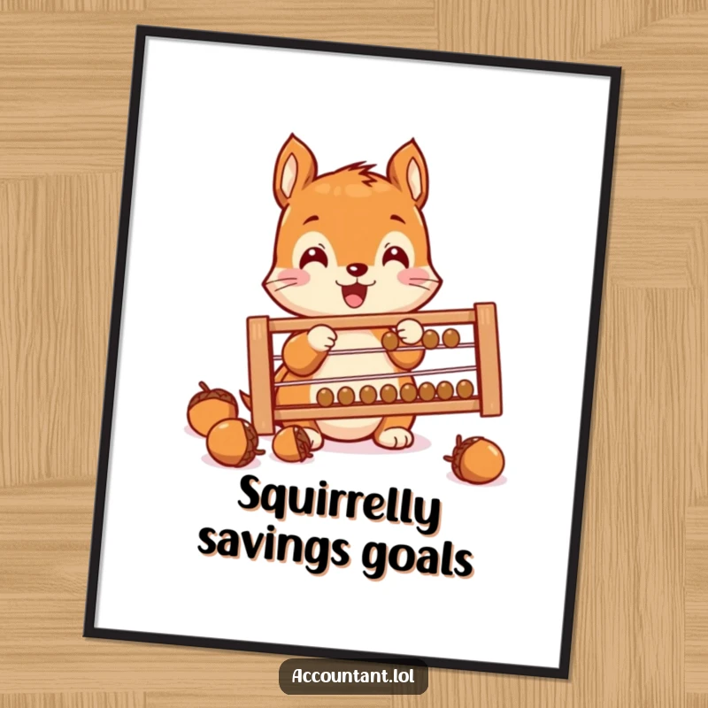 Funny Squirrel Saver Digital Art Print, an excited squirrel, counting acorns, humorous wall art, instant decor, perfect gift.