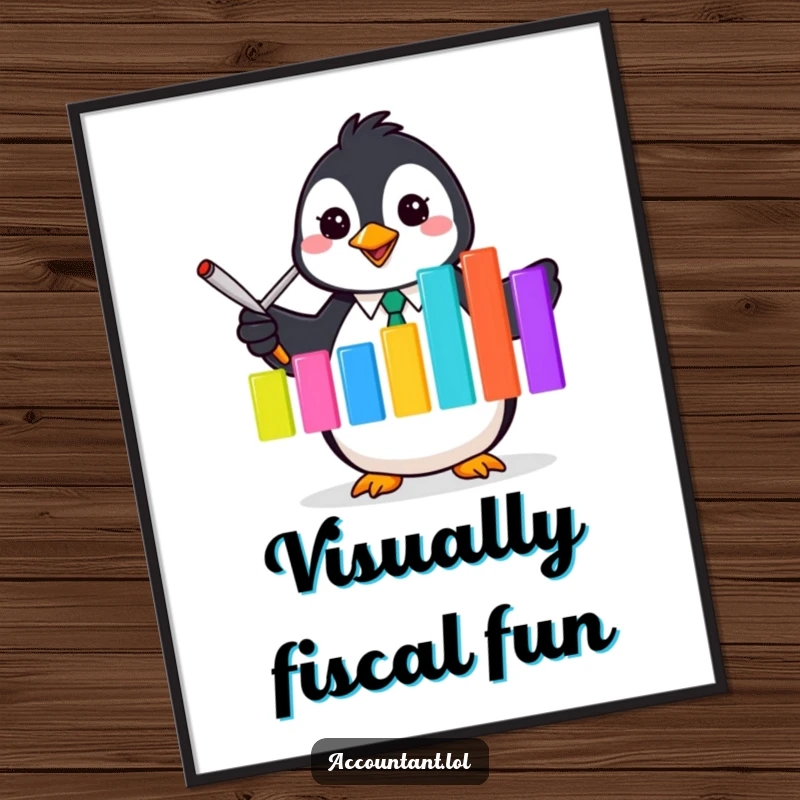 Funny Penguin Accountant Digital Art: A penguin accountant enthusiastically presents a colorful bar graph, ready for framing.