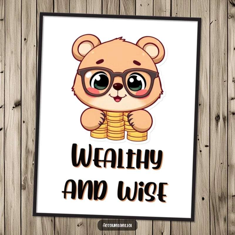 Funny digital art print of a cute bear cub wearing glasses, stacking coins, a charming and humorous visual for screen backgrounds or prints.