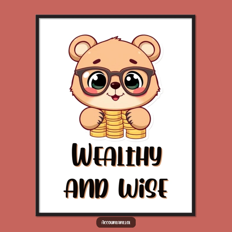 Funny Bear Cub Stacking Coins Digital Art: Whimsical Financial Poster