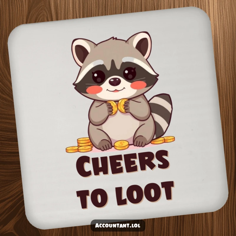 Funny drink coaster featuring a blushing raccoon with paws raised in amazement over coins, protecting surfaces with humor.