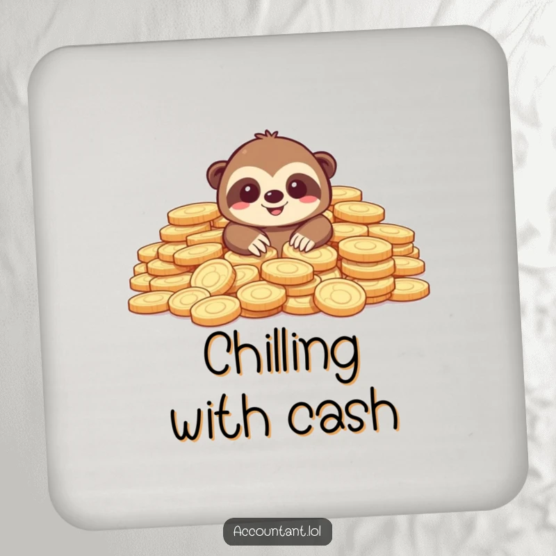 Funny drink coaster featuring a smiling sloth emerging from a pile of abundant coins, protecting surfaces with humor.