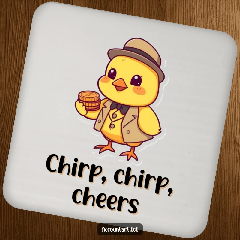 Funny cheerful yellow chick in a tiny suit balancing coins on its beak, printed on protective drink coasters.