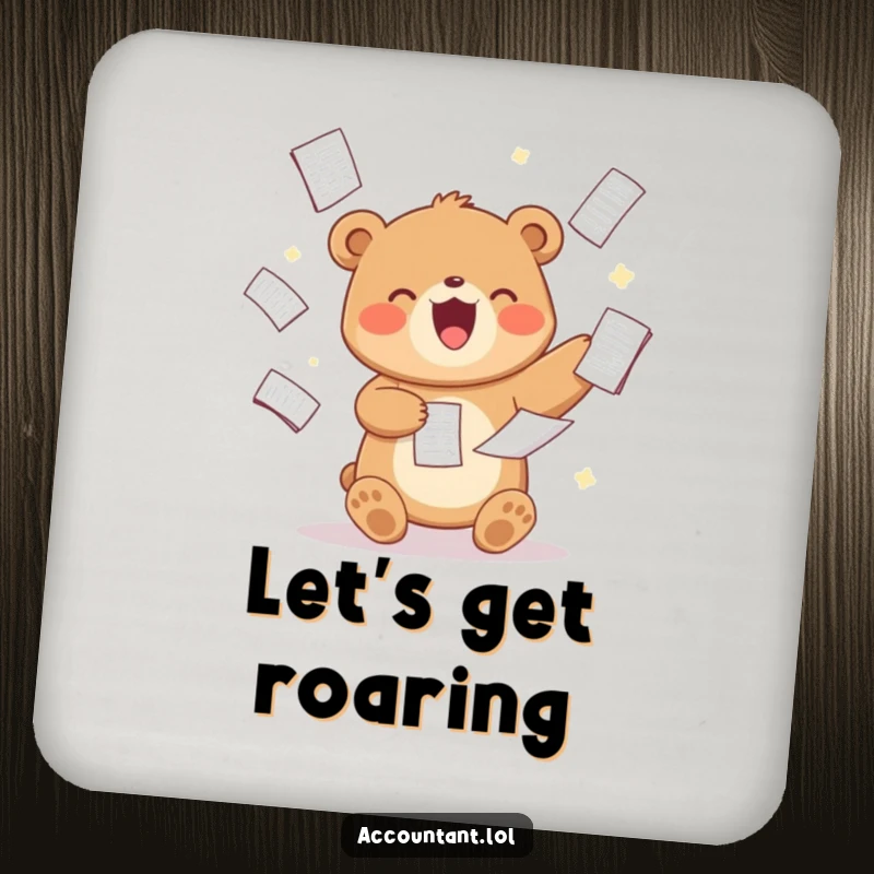Funny Bear Analyst Drink Coaster, a cute bear, juggling spreadsheets, protecting surfaces with humor, a great funny gift.