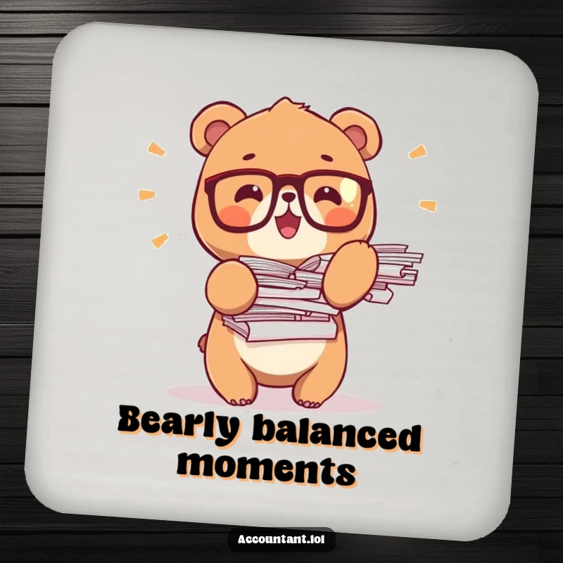 Funny bear office coaster, a tiny bear in glasses, balancing paper stacks, adding humor to table settings.