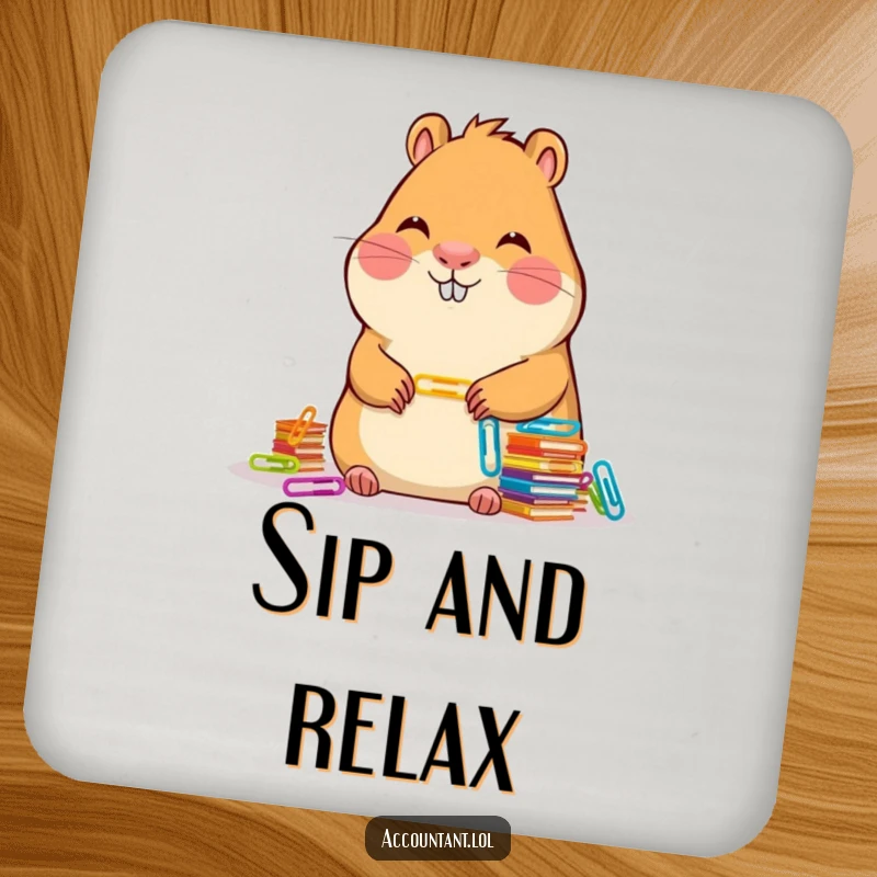 Funny Capybara Accountant Coaster: A calm capybara smiles while stacking colorful paper clips, protecting drinks with humor.