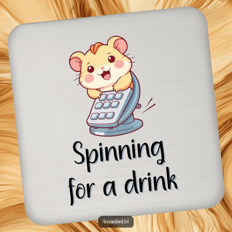 Funny drink coasters featuring a hamster racing on a calculator wheel, adding a funny touch to any table setting.