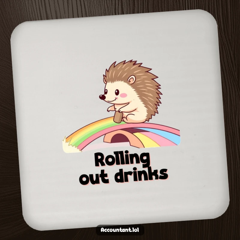 Funny drink coaster featuring a happy hedgehog pushing a large ledger across a colorful rainbow bridge, adding whimsical flair to tabletops.