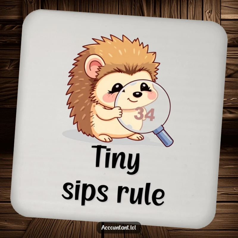 Funny hedgehog magnifying drink coaster, a giggling hedgehog peering through a magnifying glass at a tiny number, protecting furniture.