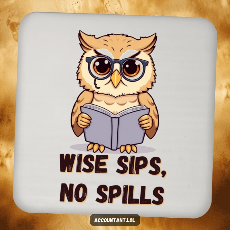 Funny owl scholar coaster, a cute owl in a monocle, examining a ledgerbook, adding wisdom to tables.