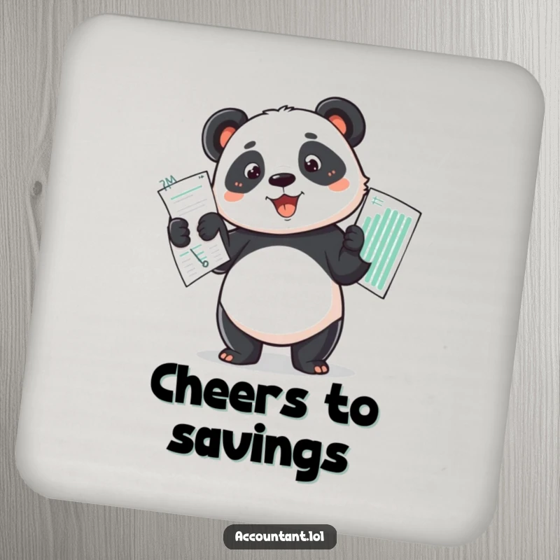 Funny determined panda proudly holding up a perfectly balanced budget spread on a protective drink coaster.