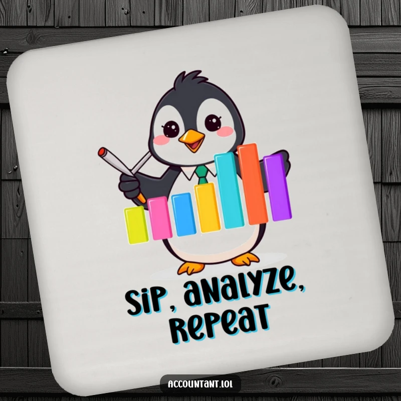 Funny Penguin Accountant Coaster: A penguin accountant displays a vibrant bar graph, protecting drinks with humor.