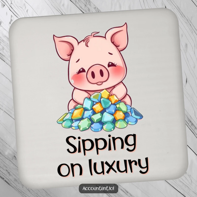Funny Pig Coaster: A smiling pig counts sparkling gems, adding a touch of luxury humor to your table.