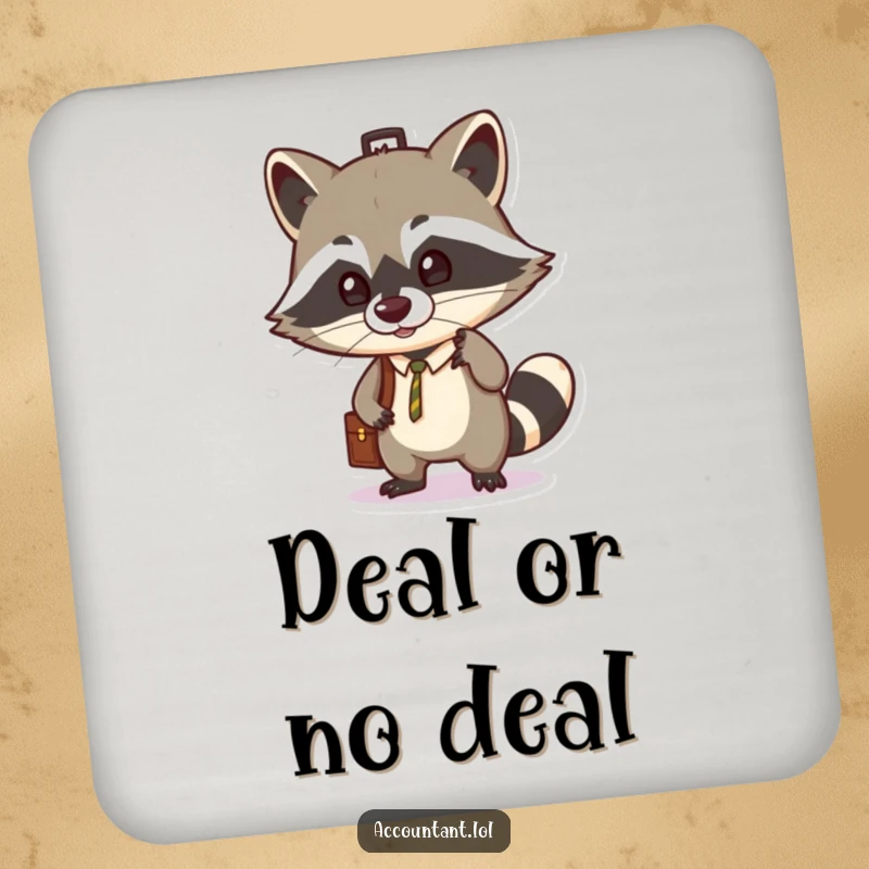 Funny drink coaster showing a mischievous raccoon balancing a briefcase on its nose, a humorous addition to any drink setup.