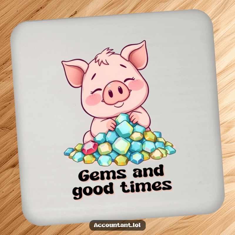 Funny smiling pig counting gems on a coaster, protecting surfaces with opulent humor.