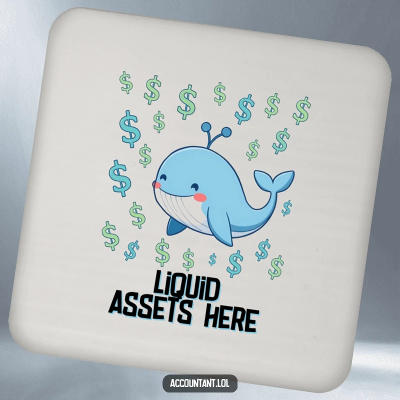 Funny smiling blue whale swimming through a sea of floating dollar signs, printed on protective drink coasters.