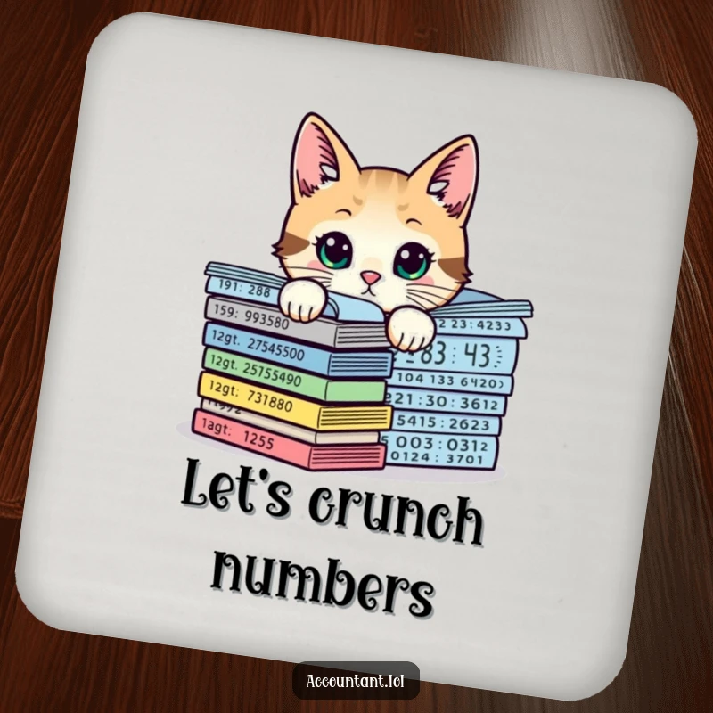 Funny curious cat peeking over numerical charts on a coaster, protecting surfaces with feline charm and humor.