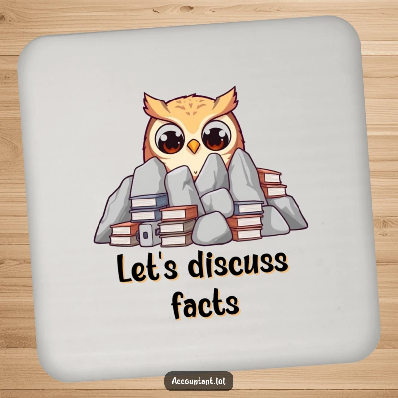 A curious owl is peeking out from behind a mountain of ledgers with wide eyes, depicted on a funny drink coaster.