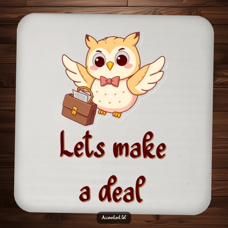 Funny happy owl wearing a bow tie, flying with a briefcase, a humorous coaster for surface protection.