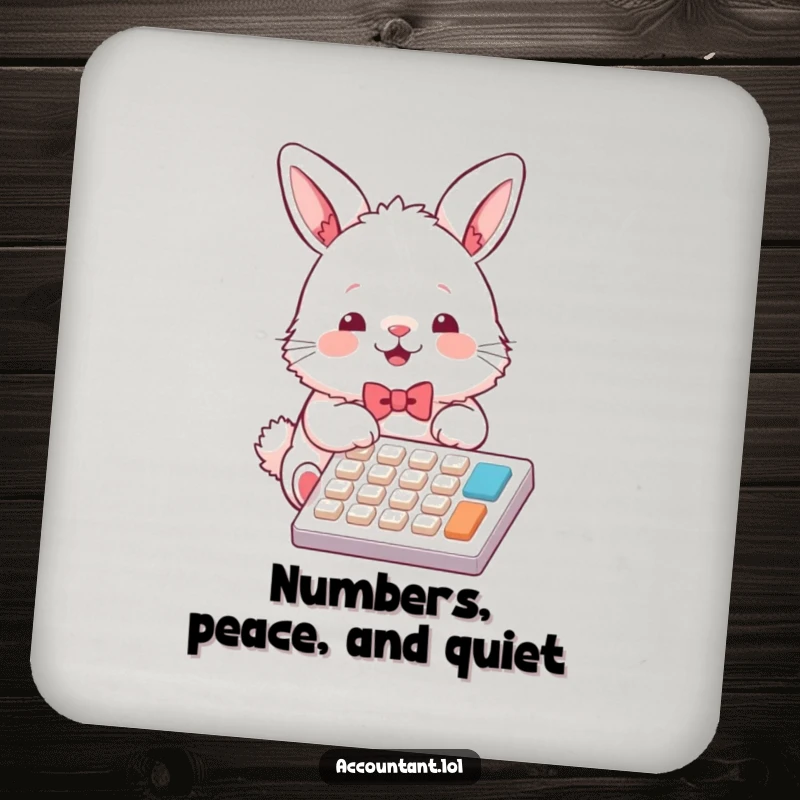 Funny bunny accountant coaster, a fluffy rabbit in a bowtie, operating a calculator, adding humor to table settings.