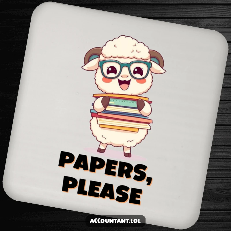 Funny sheep with glasses balancing a large stack of colorful papers, depicted on a funny drink coaster.