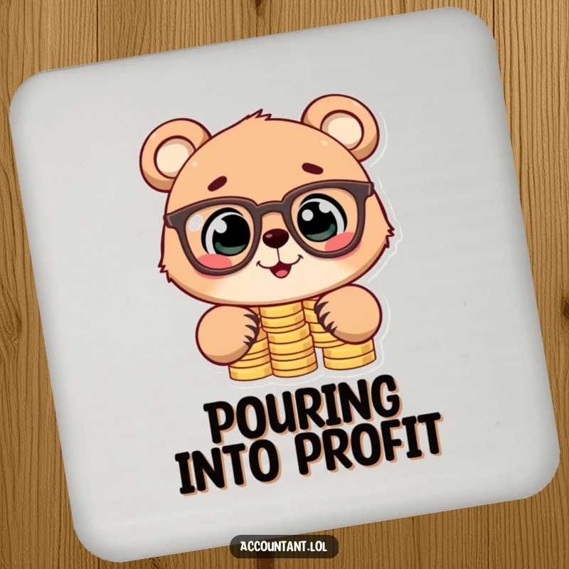 Funny drink coaster with a cute bear cub in glasses stacking coins, offering stylish protection and a humorous financial theme.