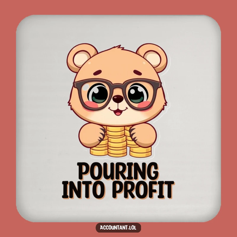 Funny Bear Cub Stacking Coins Drink Coaster: Cute Financial Humor Protection