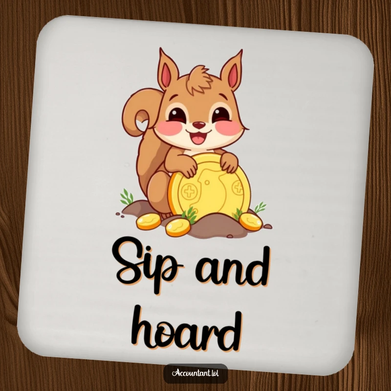 Funny delighted squirrel burying a golden coin on a coaster, protecting surfaces with cheerful humor.