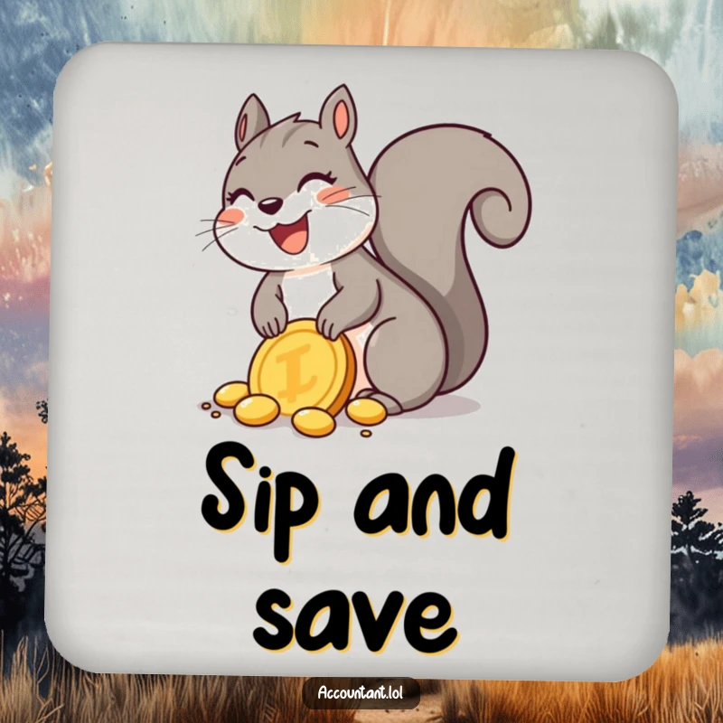 Funny Squirrel Coaster: A delighted squirrel joyfully buries a giant golden coin, adding a touch of treasure humor to your table.