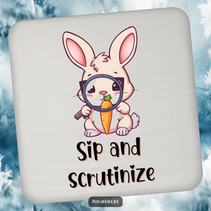 Funny Bunny Auditor Coaster: A bunny auditor uses a magnifying glass on a tiny carrot, protecting drinks with humor.
