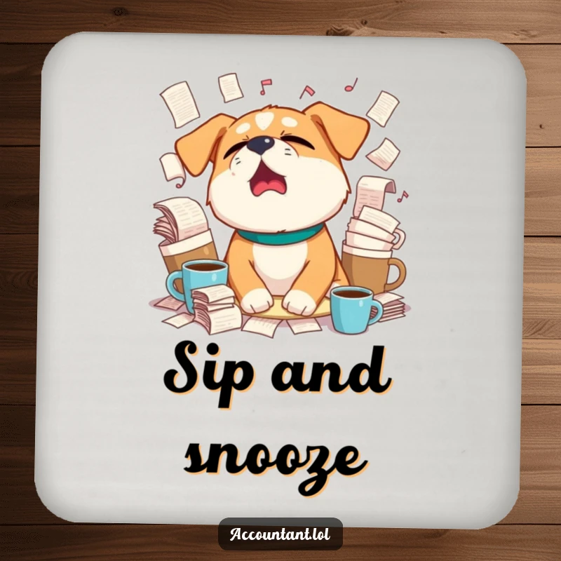 Funny sleepy dog yawning widely, surrounded by overflowing coffee cups and paperwork on a protective drink coaster.