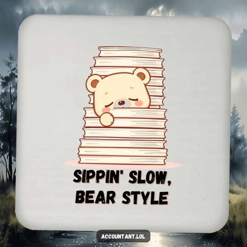 Funny Drink Coaster featuring a sleepy bear cub behind papers, a humorous home accessory.