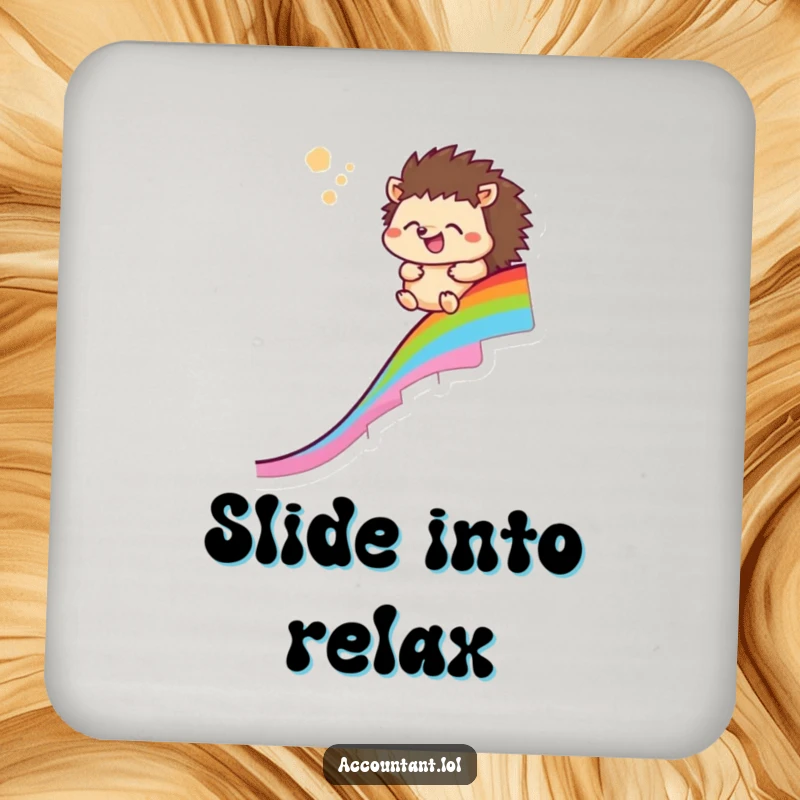 Funny hedgehog drink coaster showing a happy hedgehog sliding down a rainbow chart, adding humor to tabletops.