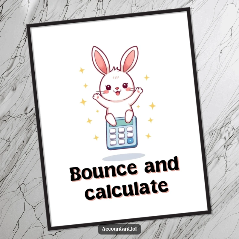 Funny poster artwork of an ecstatic bunny mid-bounce on a calculator amidst vibrant starbursts, a joyful celebration of numbers.
