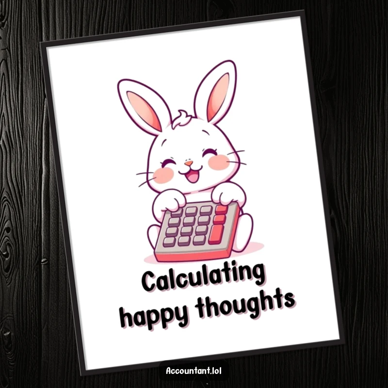 Funny Bunny Bookkeeper Poster, a smiling bunny, tapping calculator, cute and funny wall art, perfect for home decor.