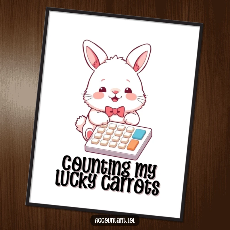 Funny bunny accountant poster, a fluffy rabbit, wearing a small bowtie, actively using a calculator with a happy expression.