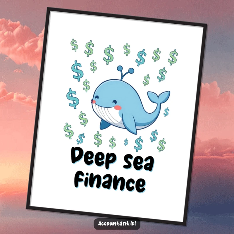 Funny smiling blue whale swimming through a sea of floating dollar signs, displayed as financial art.