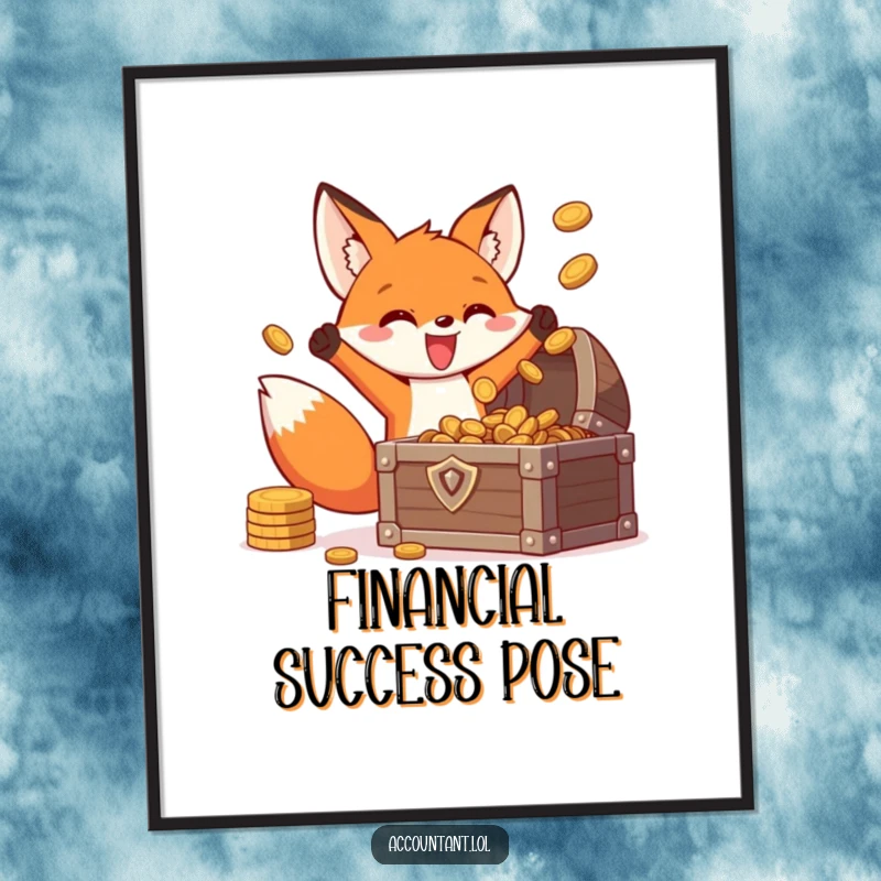 Funny fox treasure poster, an energetic fox triumphantly tossing coins into a treasure chest, adding a touch of joy to decor.