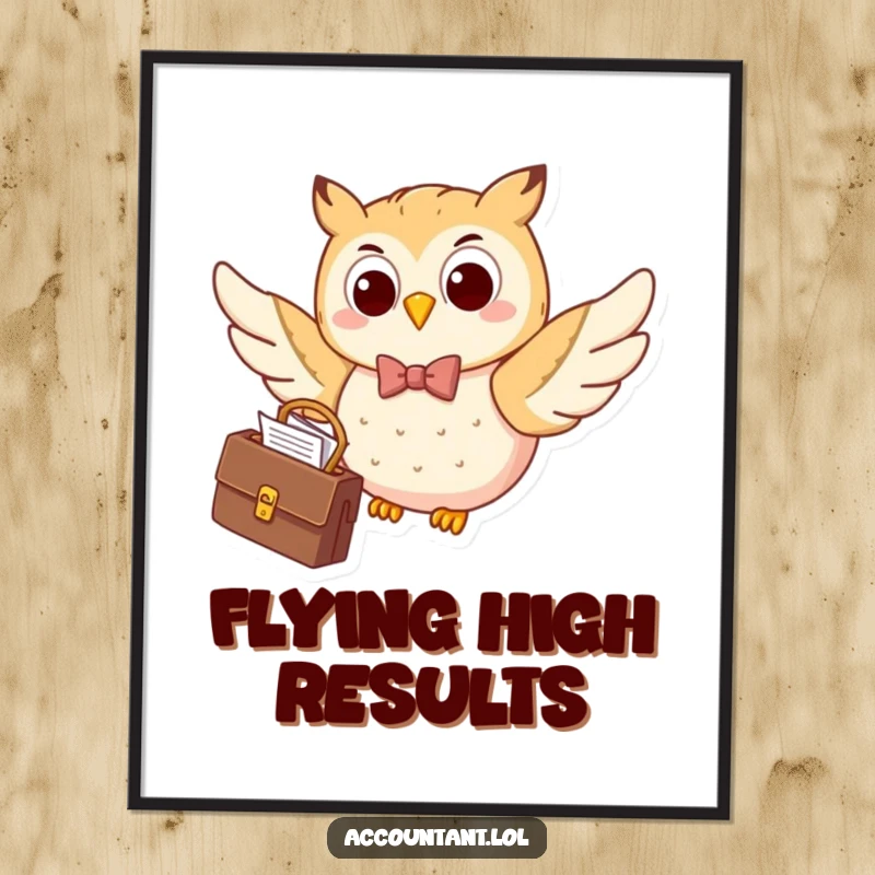 Funny happy owl wearing a bow tie, flying with a briefcase filled with papers, a dapper and humorous poster.