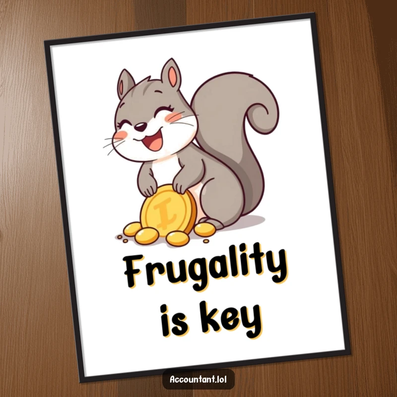 Funny Squirrel Poster: A delighted squirrel joyfully buries a large golden coin, symbolizing happiness and found riches.