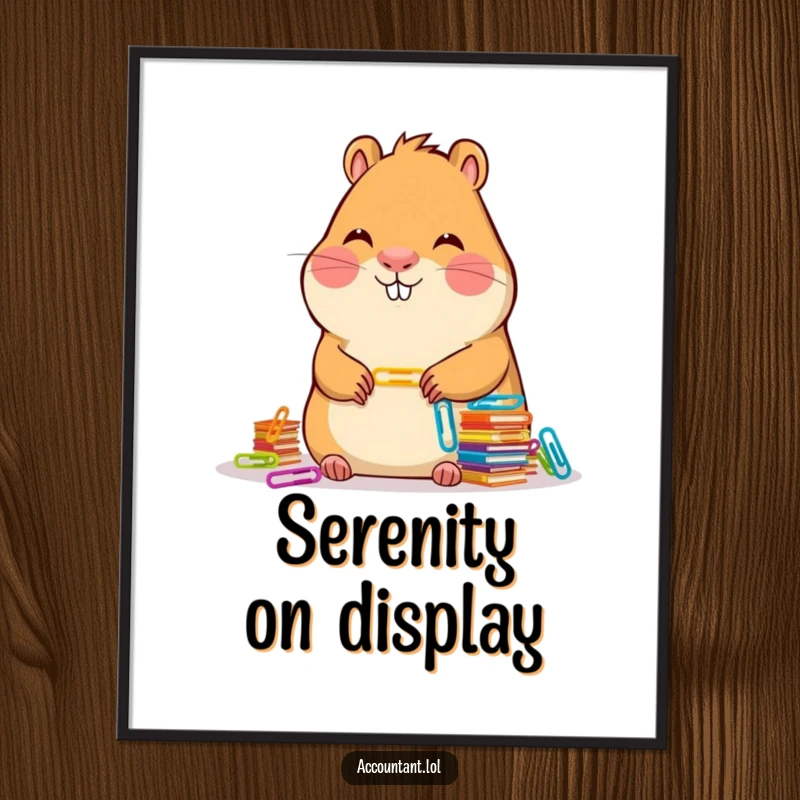 Funny Capybara Accountant Poster: A serene capybara smiles while neatly arranging stacks of colorful paper clips, bringing calm.