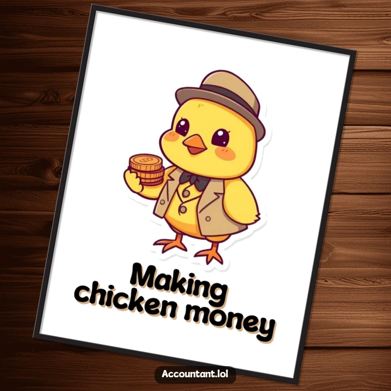 Funny cheerful yellow chick in a tiny suit balancing coins on its beak, displayed as financial wall art.